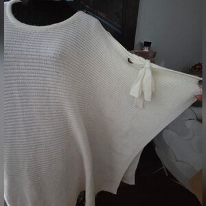 Poncho Ivory Ribbed Knit Shrug Sweater or Cover Up